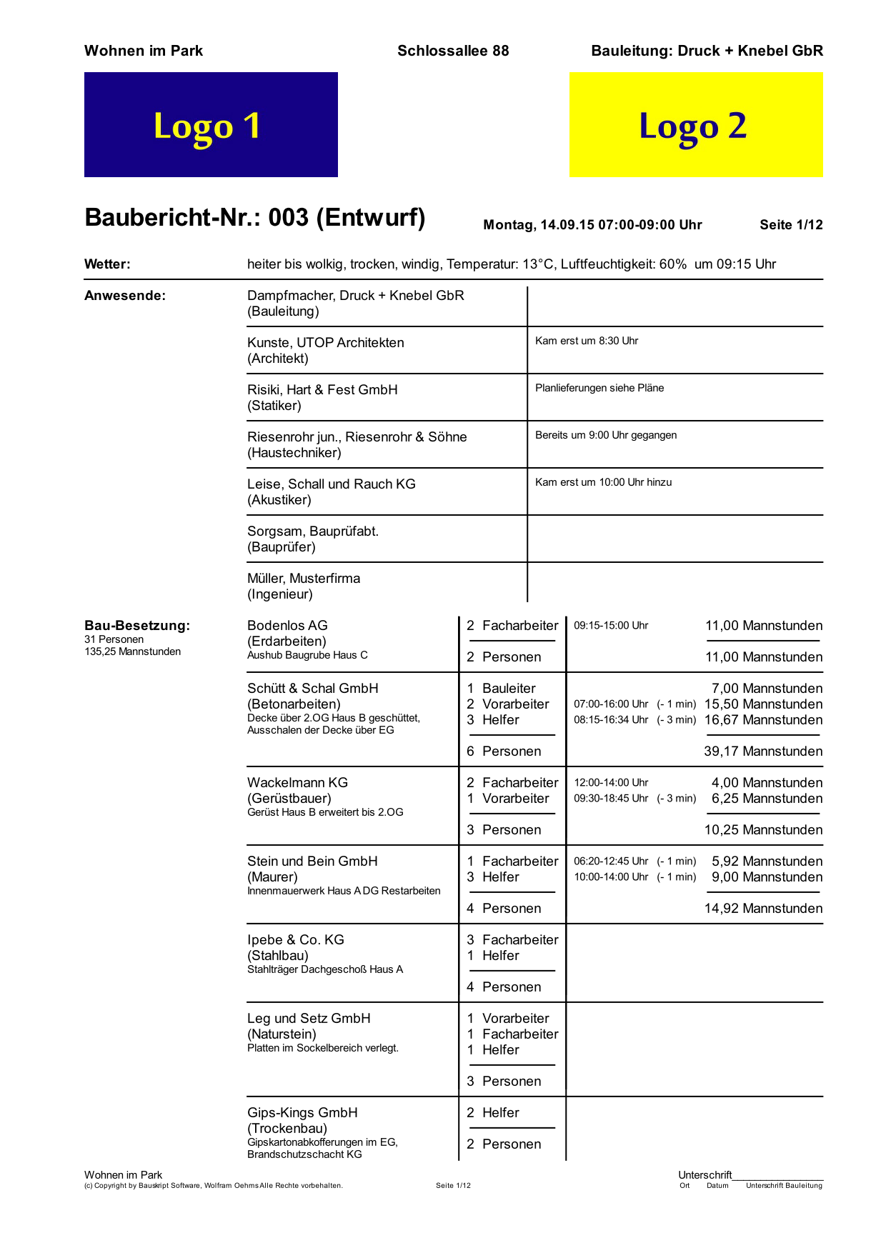 Bautagesbericht Beispielseite 1