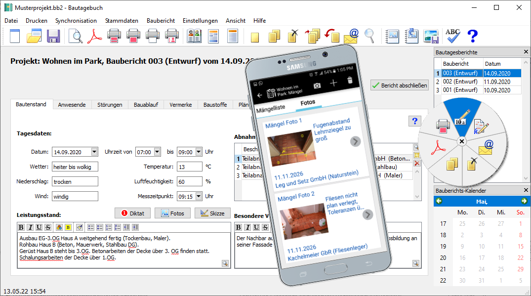 Screenshots Bautagebuch für Windows und Bautagebuch Mobile
