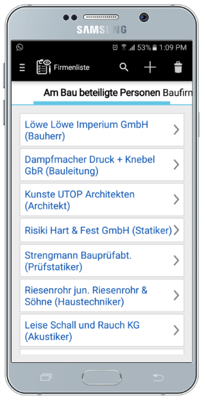 Die Firmenliste im Bautagebuch