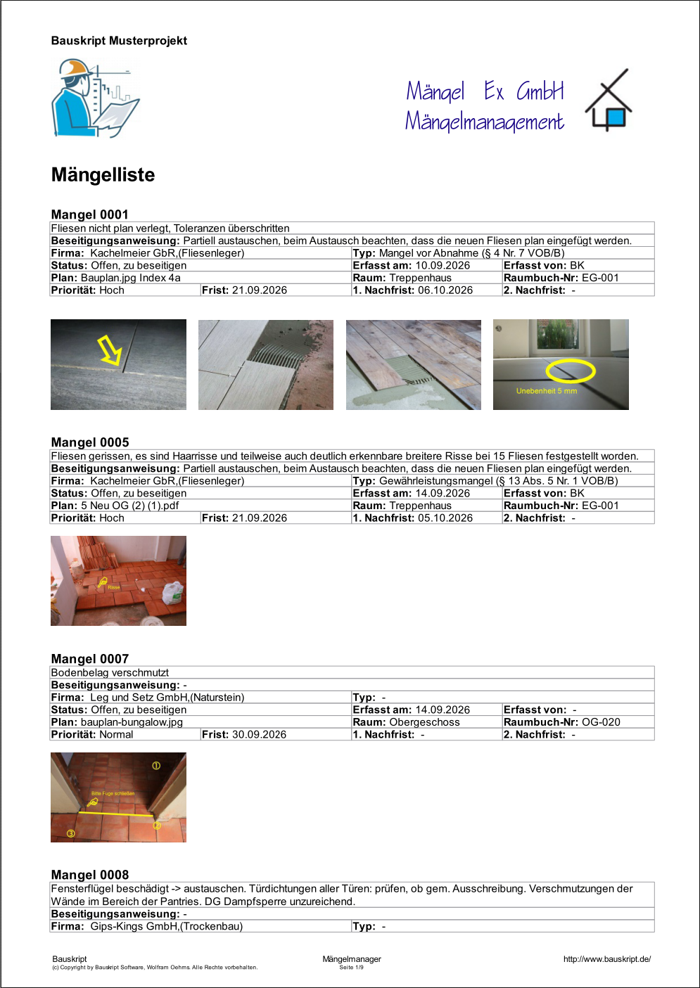 Screenshot Mängelmanager: die fertige Mängelliste